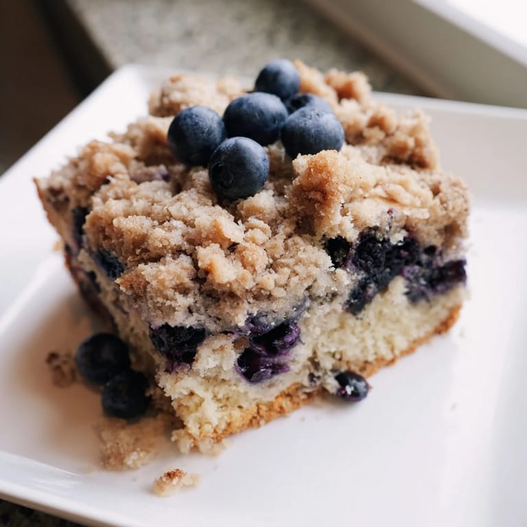Close-up of a rustic blueberry buckle, showcasing juicy berries and crumbly topping.