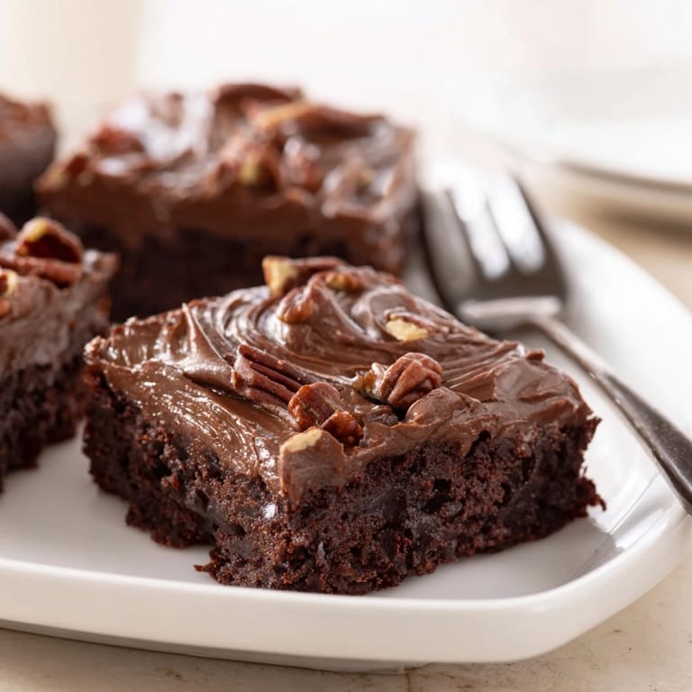 A close-up of a moist, chocolatey Texas Sheet Cake slice, a classic Southern dessert.