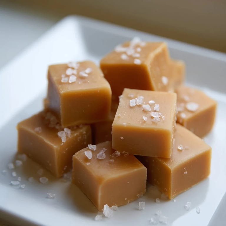 Golden, melt-in-your-mouth sea salt caramels ready to cut, showing their perfect square shape.