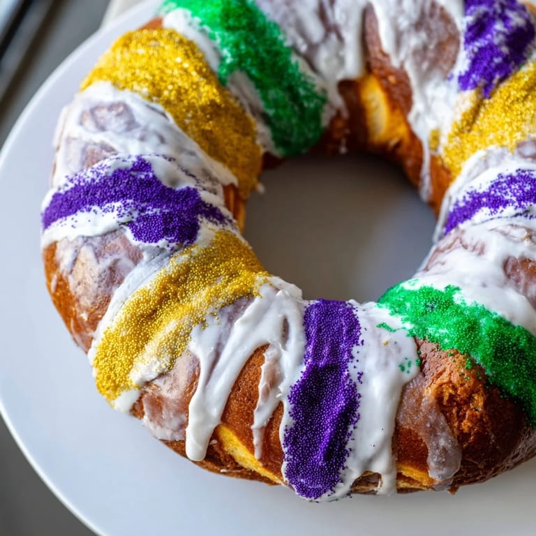 Warm and inviting King Cake with a soft, sweet dough, iced with vibrant purple, green, and gold.