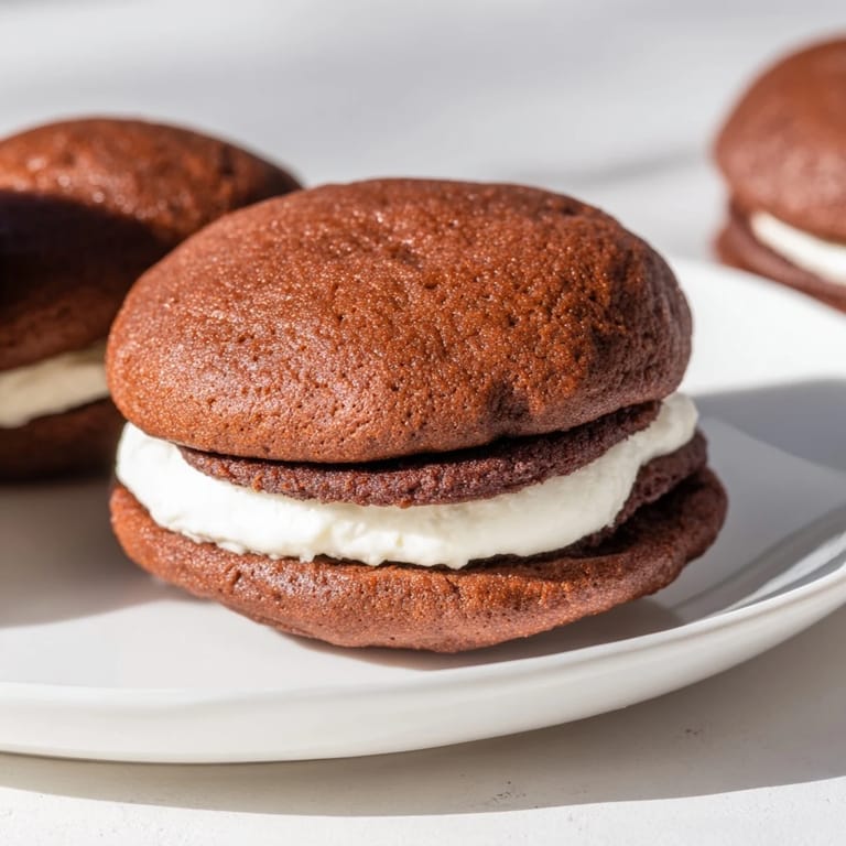 Freshly baked Whoopie Pies on a plate; these soft chocolate sandwiches look incredibly delicious.