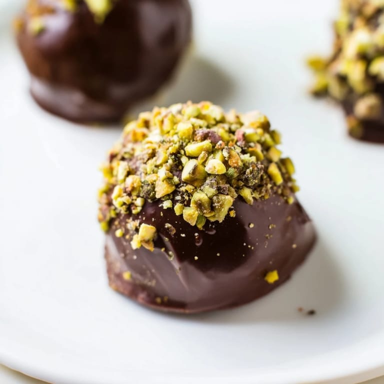 A close-up of glossy chocolate truffles, some dusted with cocoa and others with colorful sprinkles.