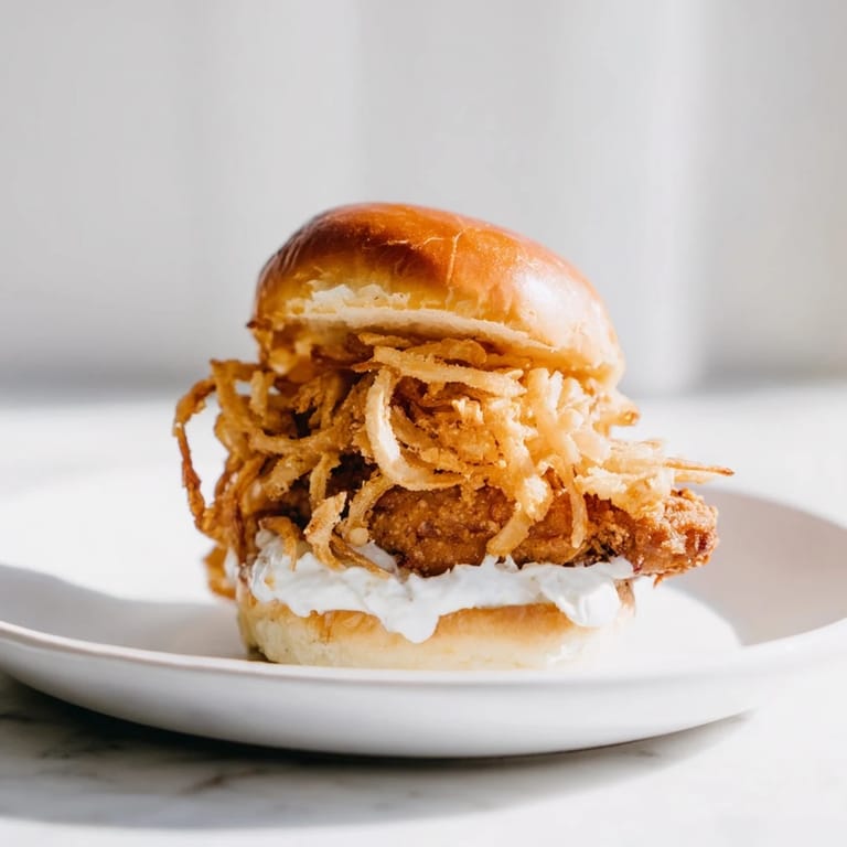 Homemade Crispy Onion Chicken Sandwich with toasted brioche, lettuce, and crispy fried onions, perfect for a classic American lunch.