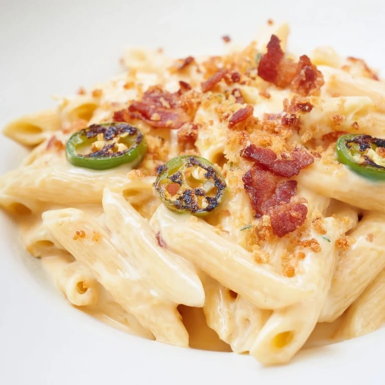 A close-up of a hearty bowl of Jalapeño Popper Pasta, featuring penne tossed in a velvety, spicy cheese sauce and garnished with bacon bits.
