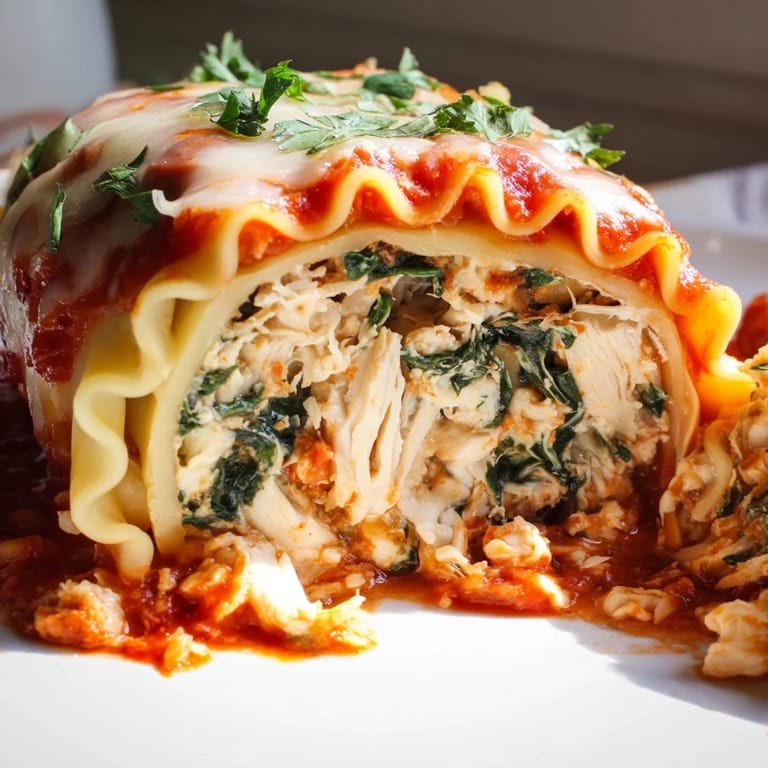 Steaming Chicken and Spinach Lasagna Rolls are plated with a side salad and garlic bread, showcasing the creamy spinach, chicken, and cheesy marinara topping in a cozy dinner setting.