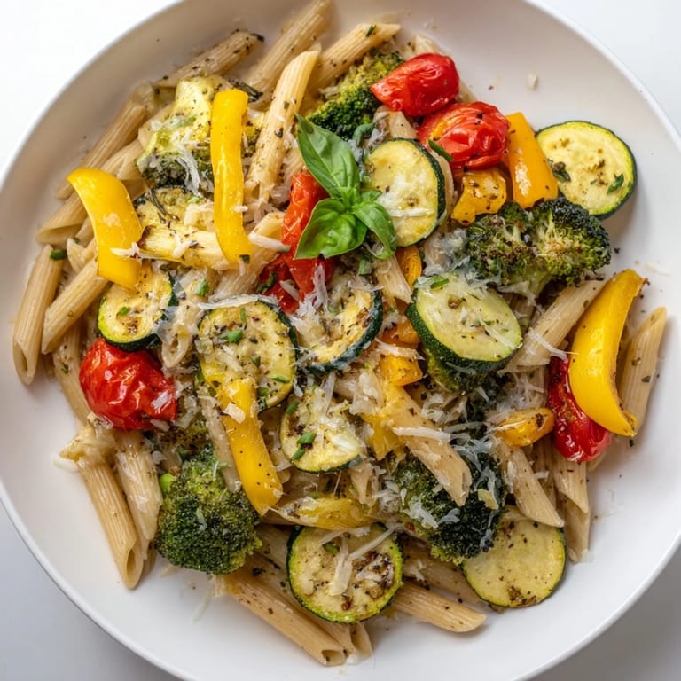 A close-up of a steaming bowl of Pasta Primavera garnished with fresh basil, showcasing colorful roasted vegetables and al dente pasta.