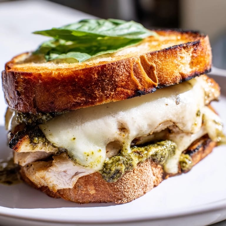 A close-up of a Pesto Chicken Melt, showcasing juicy grilled chicken, melted mozzarella, and fresh basil on a rustic ciabatta bun.  