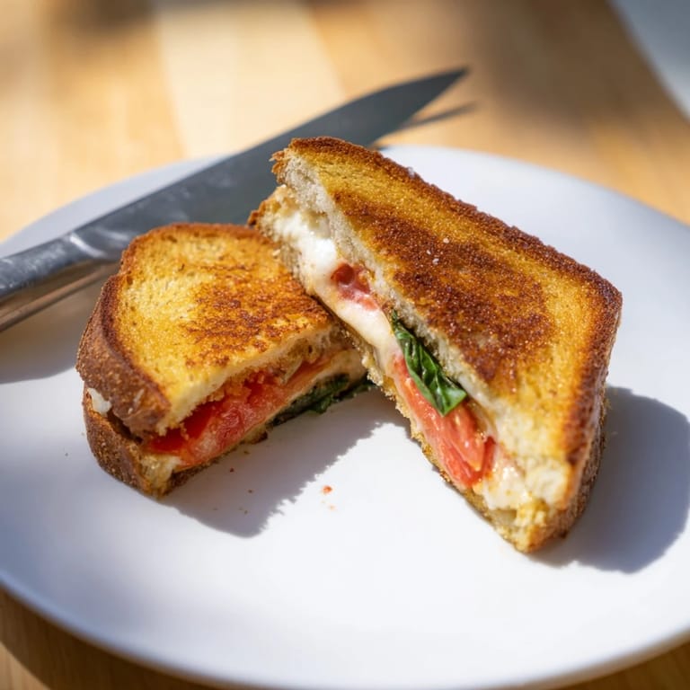 A close-up of Tomato Basil Grilled Cheese, with crisp sourdough and melted cheese oozing beside a tomato half.  