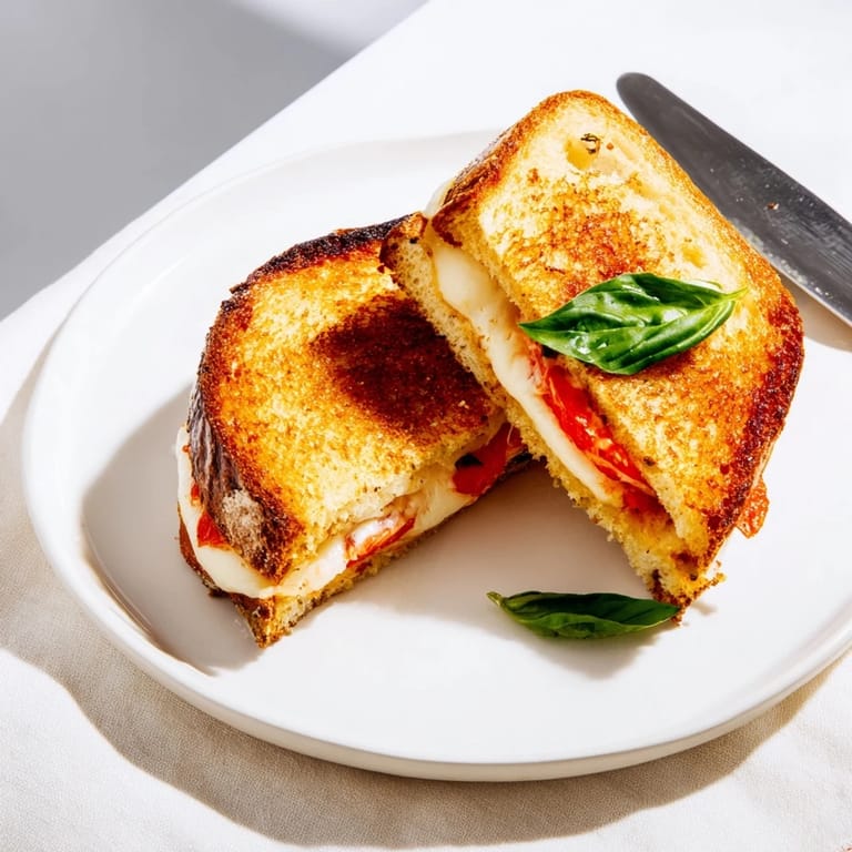 Warm Tomato Basil Grilled Cheese served with a bowl of tomato soup, perfect for a cozy lunch.