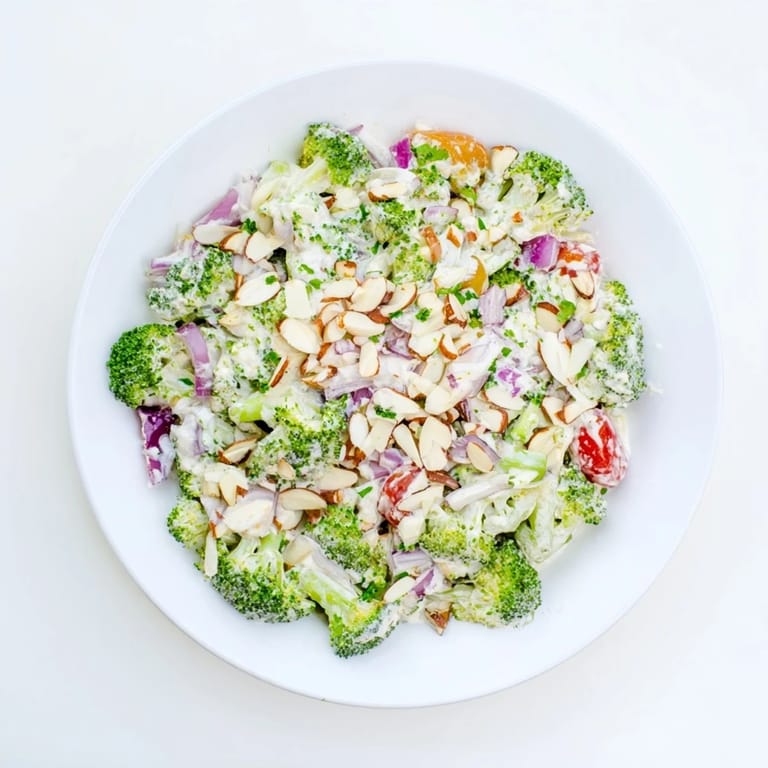 Fresh blanched broccoli salad with red onion, cherry tomatoes, and herbs, featuring a tangy garlic and Parmesan dressing, perfect as a light lunch.