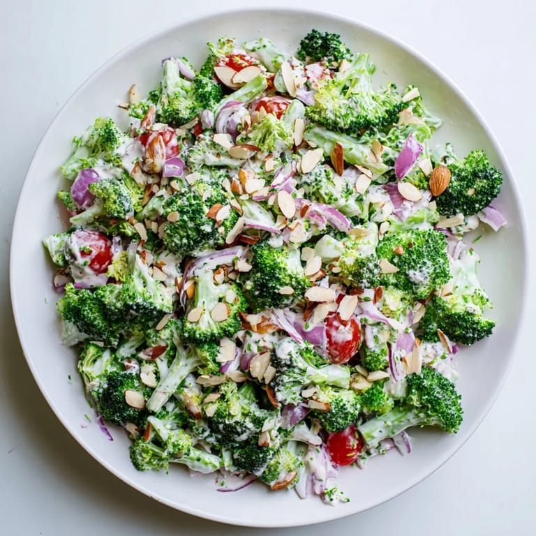 A close-up of a chilled Garlic Parmesan Broccoli Salad, garnished with parsley and grated Parmesan, ready to be enjoyed as a vegetarian side dish.