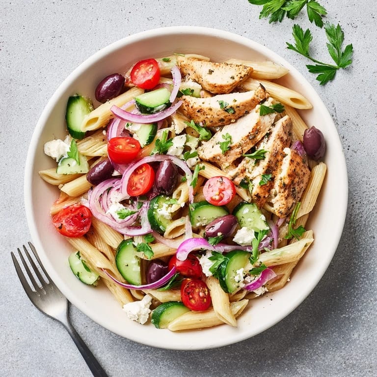 This Greek Chicken Pasta Bowl is garnished with crumbled feta, Kalamata olives, and a light lemon-herb dressing for brightness.  