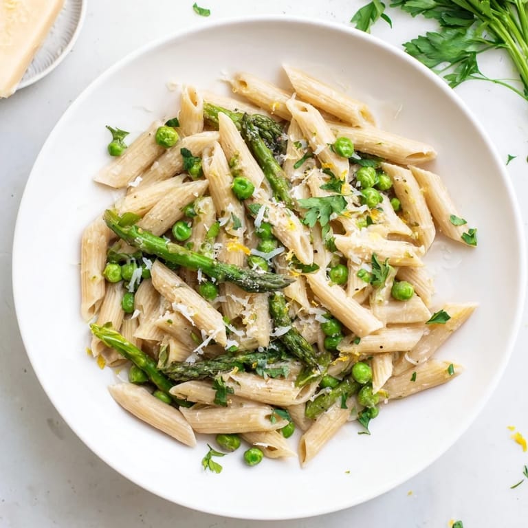 A close-up of Garlic Parmesan Spring Vegetable Pasta, featuring al dente penne coated in a creamy sauce and topped with grated Parmesan.