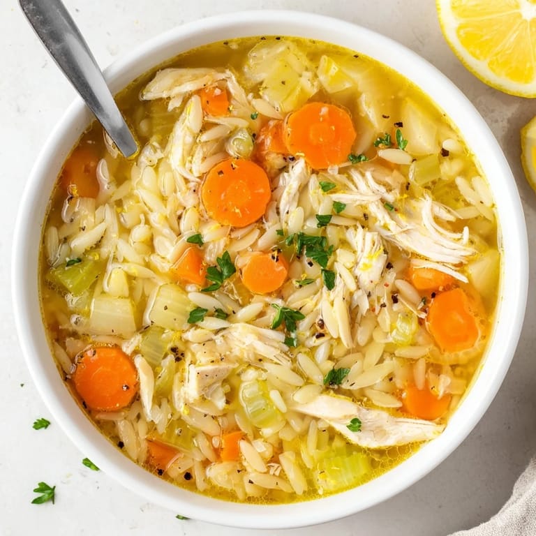 Comforting Lemon Pepper Chicken Orzo Soup in a rustic bowl, highlighting the rich broth and vibrant vegetable medley.