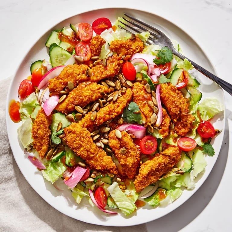 Serving suggestion for Crispy Hot Honey Chicken Salad, showcasing crispy chicken atop greens with a bold, spicy-sweet glaze.