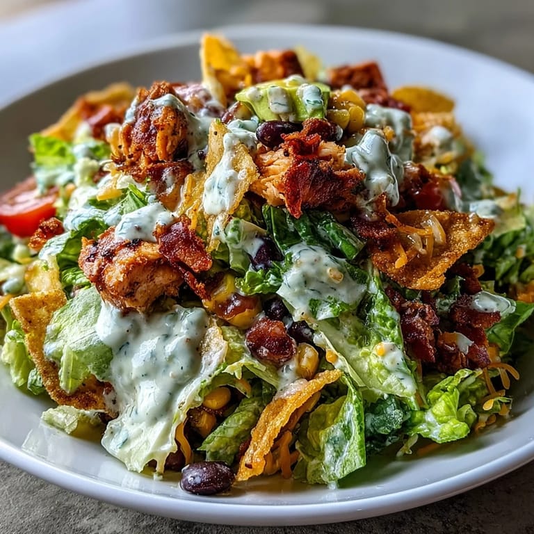 This Chicken Taco Chopped Salad is served with a drizzle of salsa ranch dressing and a side of zesty lime wedges.