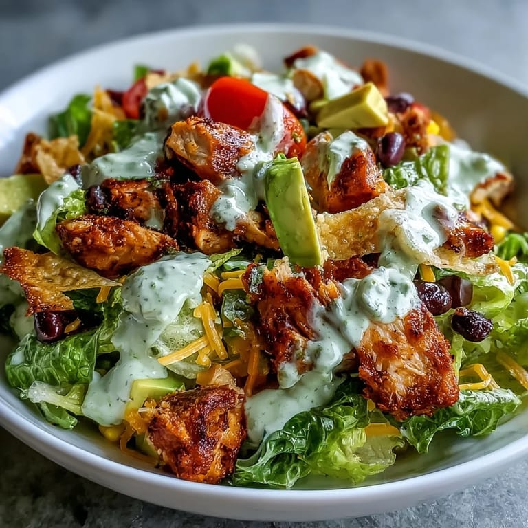 Golden chopped chicken nestled among fresh salad greens, black beans, corn, and creamy avocado in a Tex-Mex inspired meal.  