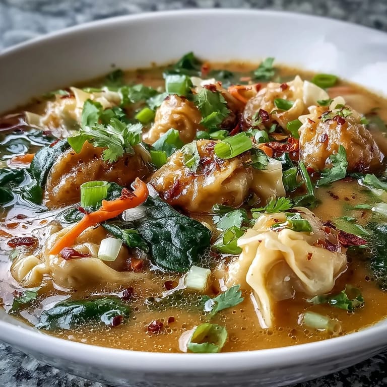 A close-up of Red Curry Wonton Soup With Greens and carrots, showing tender dumplings and coconut broth.