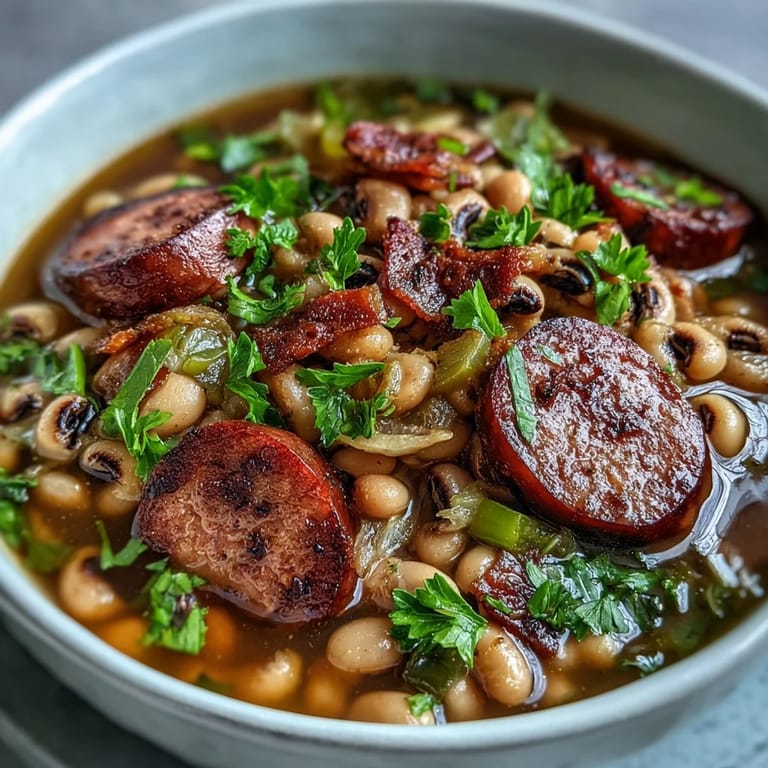 Hearty Southern-Style Black-Eyed Peas, served over rice with hot sauce on the side, perfect for a cozy family dinner.