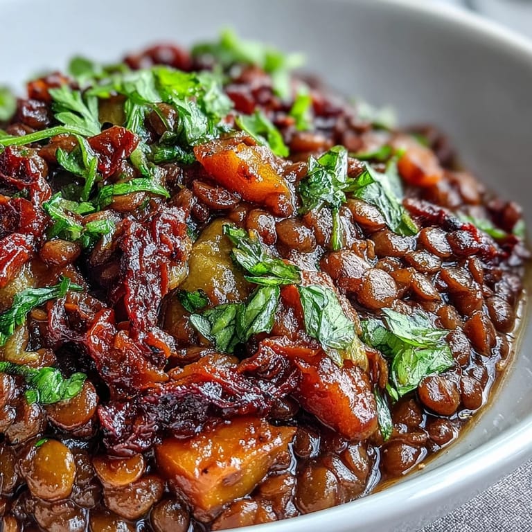 The savory Cuban-Inspired Lentil Picadillo features lentils, olives, and raisins in a rich, aromatic tomato-based sauce.