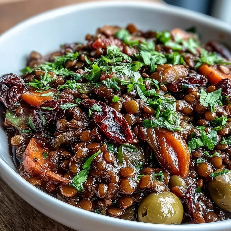 Colorful Cuban-Inspired Lentil Picadillo simmered in a skillet, blending sweet raisins with briny olives for a hearty meal.