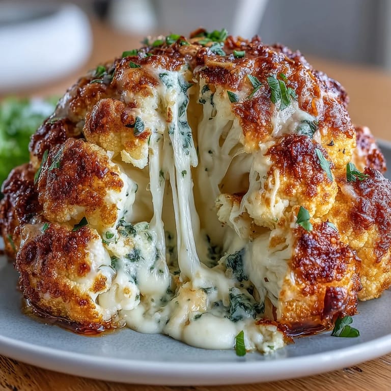 Sliced wedges of Cheesy Stuffed Cauliflower Head reveal creamy cheese filling and tender, knife-ready florets.