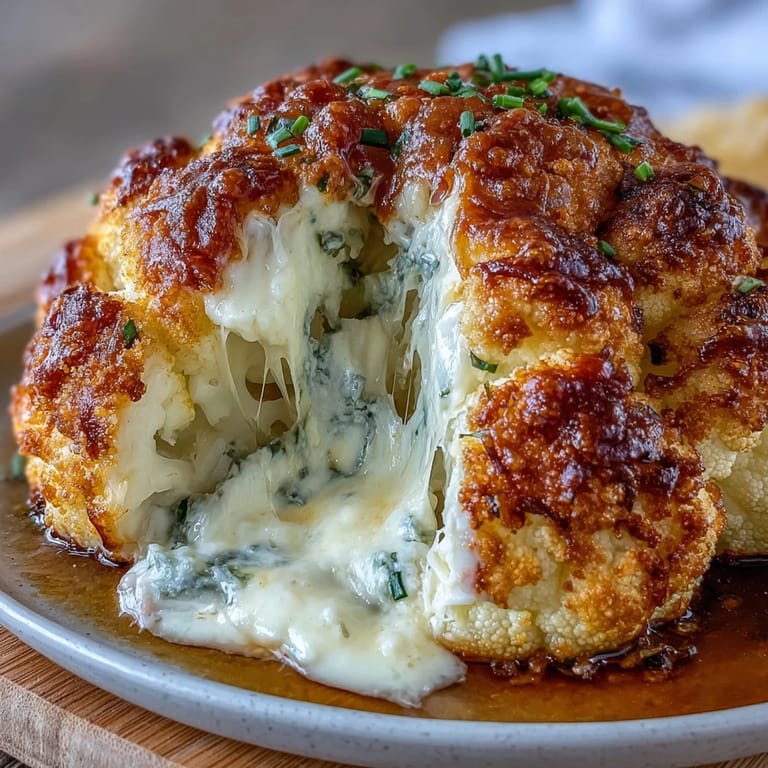 Serving suggestion for Cheesy Stuffed Cauliflower Head alongside a fresh green salad and roasted vegetables.