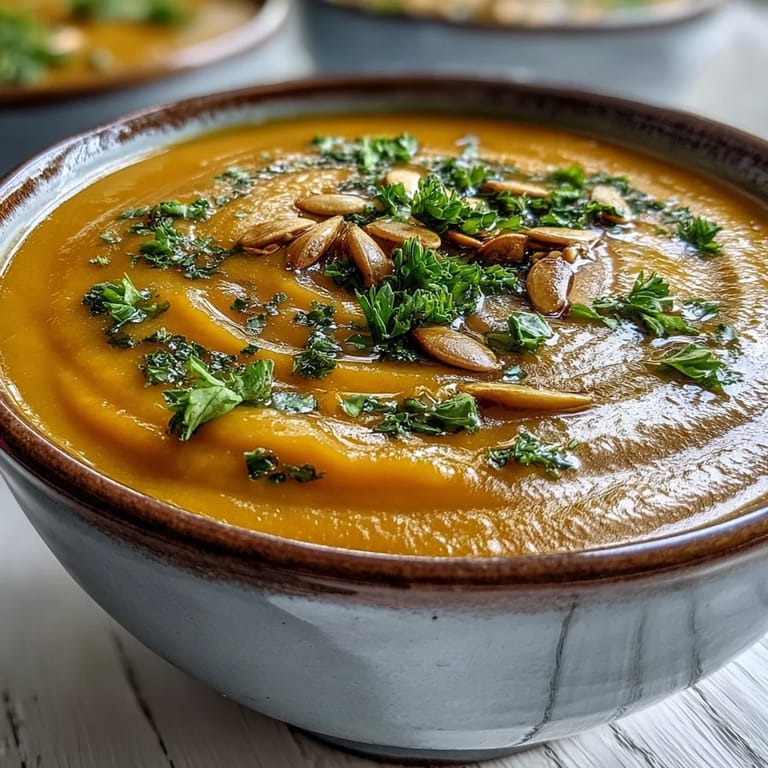 Velvety blended roasted broccoli and butternut squash soup served warm with crusty bread.  