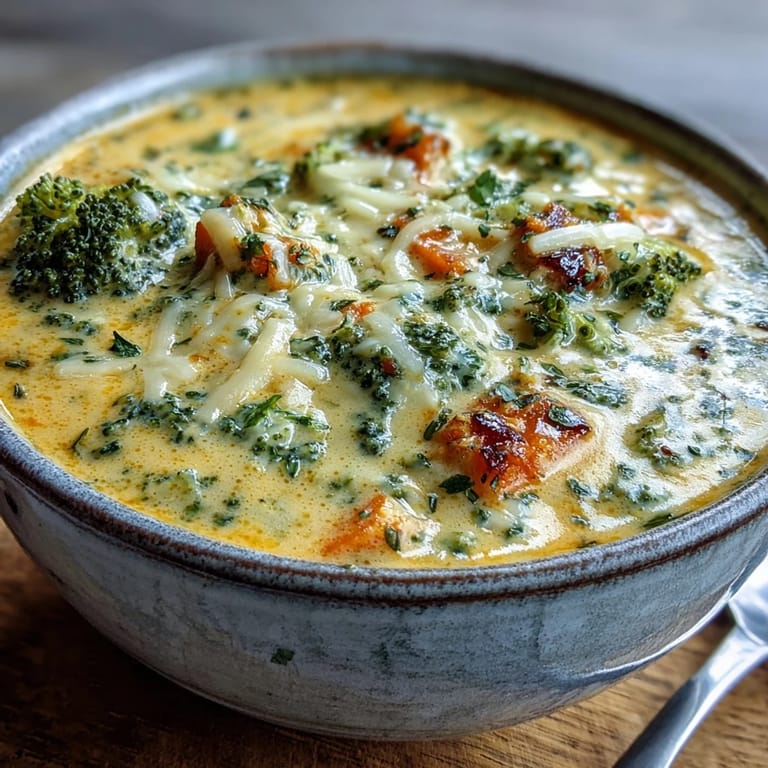 A close-up of creamy Roasted Broccoli Cheddar Soup, featuring tender vegetable pieces and melted sharp cheddar in a hearty bowl.