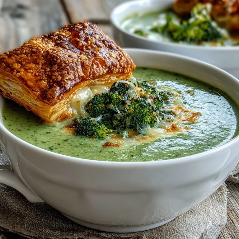 A rustic wooden table displays Creamy Broccoli and Butternut Squash Soup With Pastries, with a partially dipped, golden-brown pastry melting into the velvety soup.