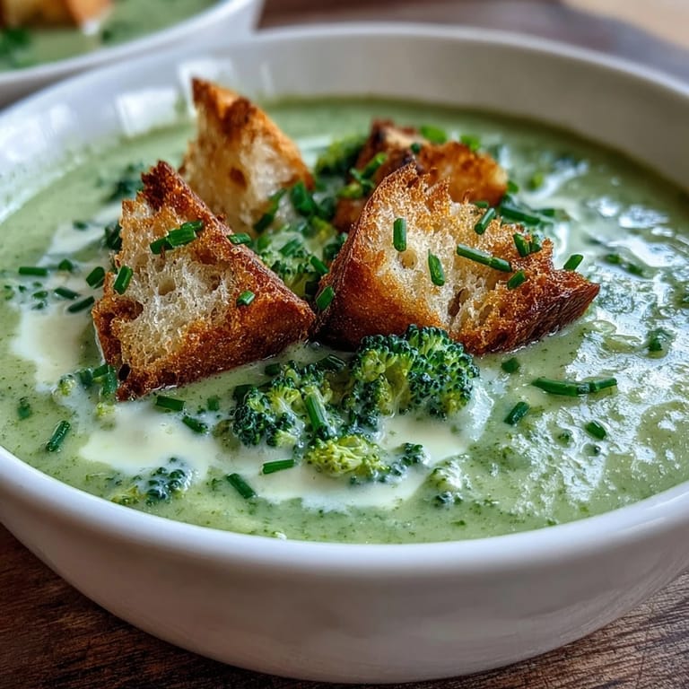 Crisp broccoli florets and aromatic vegetables simmered in broth for a creamy soup.