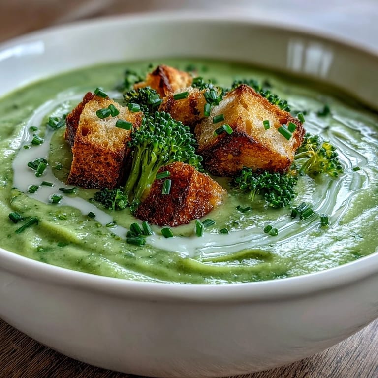 Hearty cream of broccoli soup served hot with a drizzle of cream and herbs.