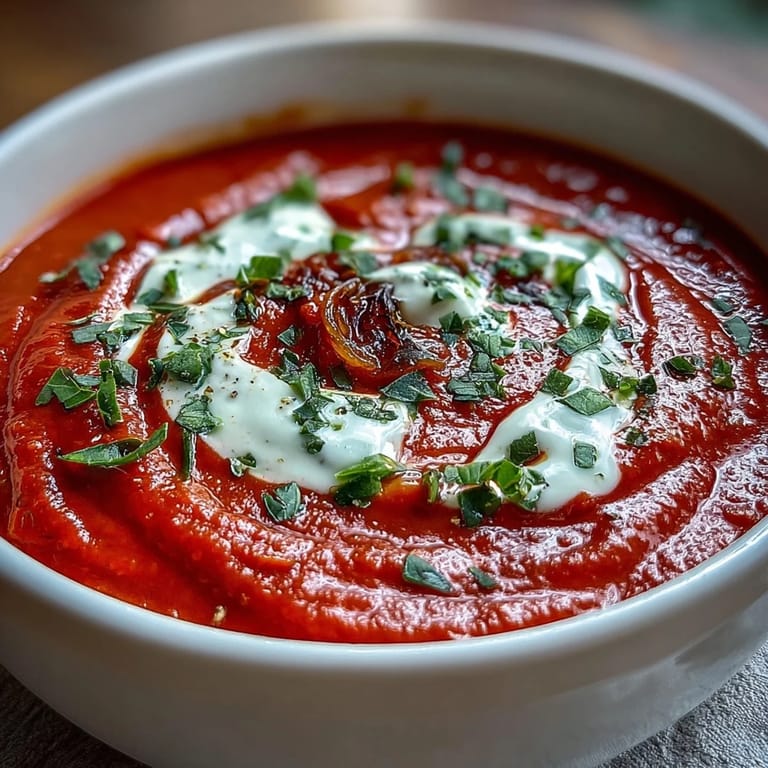 Homemade Roasted Tomato Basil Soup in a rustic bowl, topped with basil and cream.