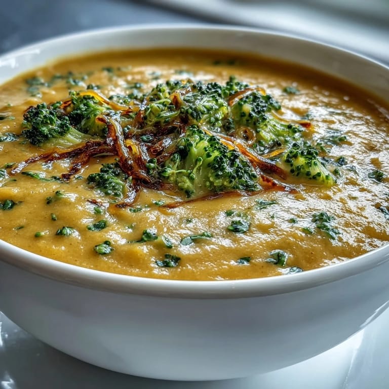A warm bowl of Butternut Squash Broccoli Cheddar Soup topped with extra cheese and roasted broccoli florets.