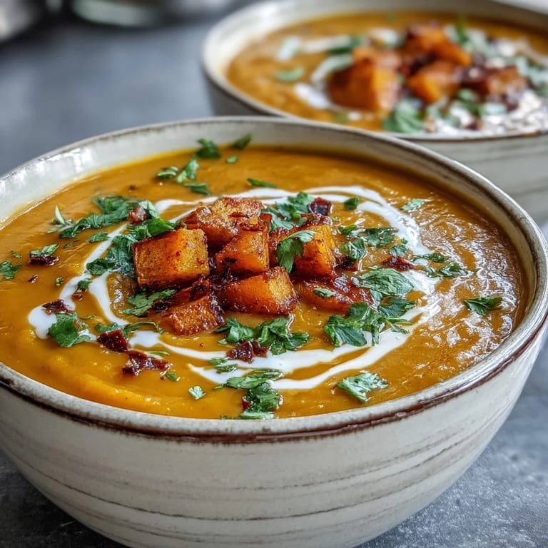 A close-up of creamy butternut squash and lentil soup, with warm spices and a piece of crusty bread nearby.  