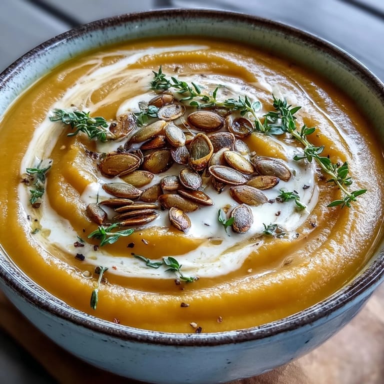 Vibrant orange butternut squash and apple soup, infused with cinnamon and nutmeg, steaming in a rustic ceramic bowl.