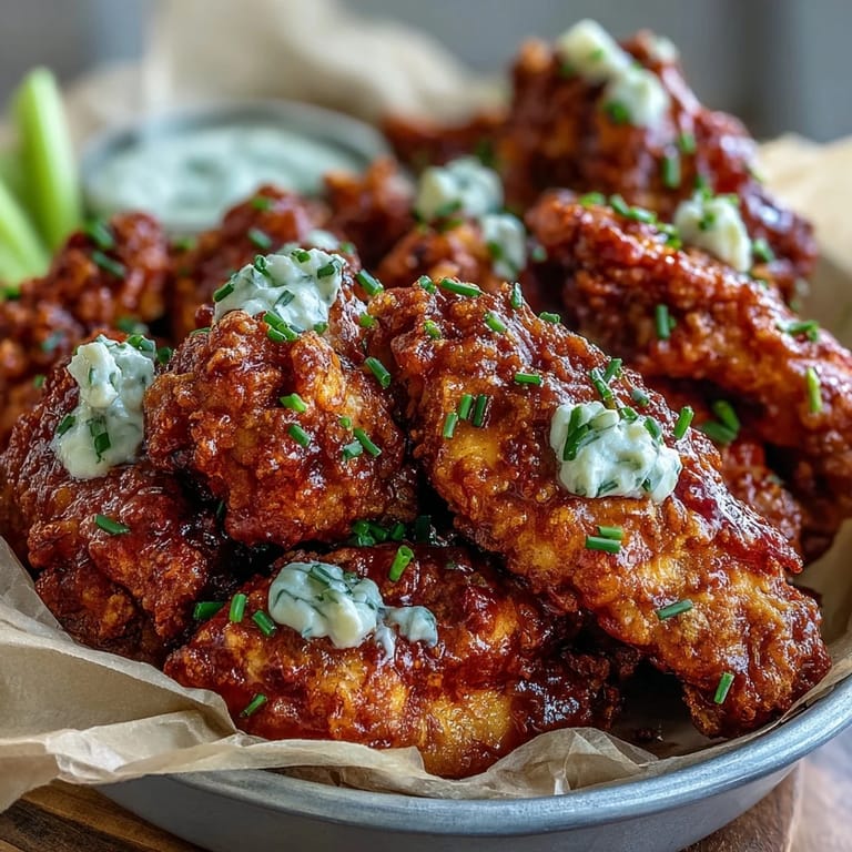 Crispy restaurant-style Fried Chicken Wings served with creamy ranch dressing and crisp celery sticks on the side.