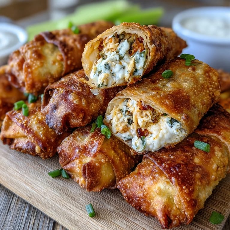 Basket of freshly fried Buffalo Chicken Egg rolls served with carrot sticks and celery for dipping.
