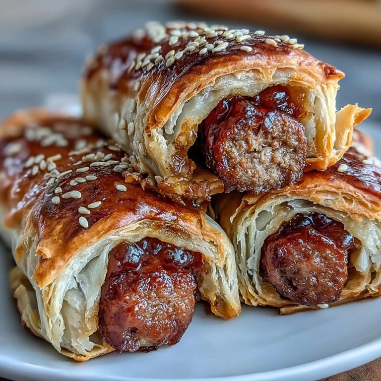 Golden-brown Pepper Jelly Hogs in a Blanket, served warm on a platter ready for a party appetizer spread. 