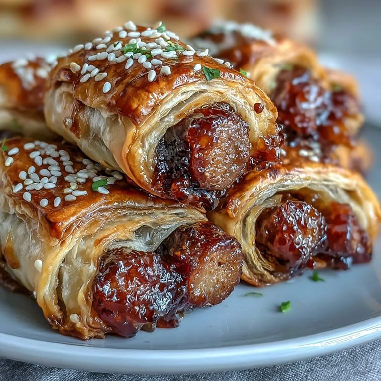 Homemade Pepper Jelly Hogs in a Blanket, showcasing flaky pastry spirals brushed with sweet and spicy glaze.