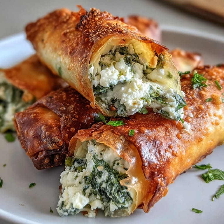 Hands hold a half-bitten Spanakopita Spring Roll, revealing the vibrant green spinach and rich crumbled feta filling inside.