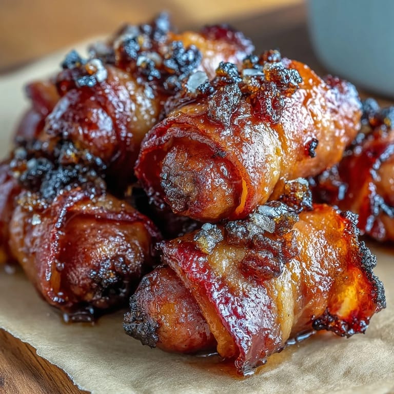 Freshly baked Bacon-Wrapped Smokies with a glossy, sweet glaze and slightly curled bacon edges.