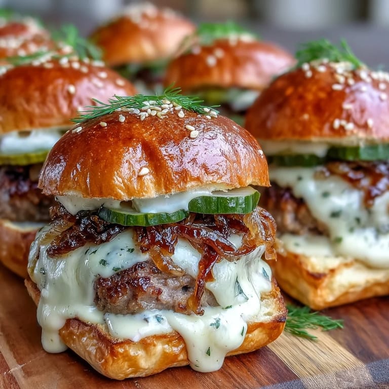 Toasted slider buns hold juicy bratwurst patties topped with caramelized onions and tangy dill pickles, ready for serving.