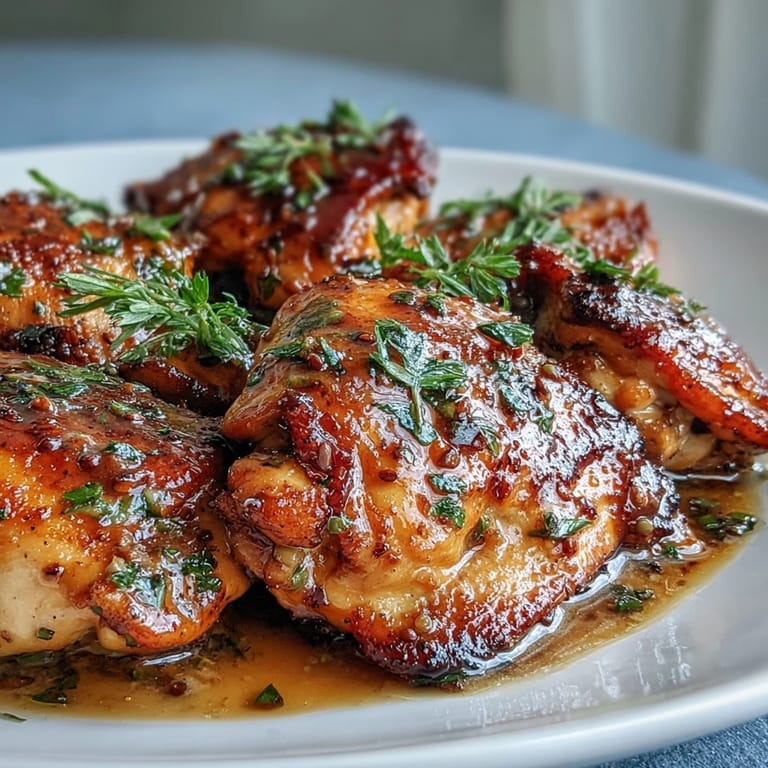 Four tender chicken breasts smothered in a glossy honey mustard sauce, ready to be paired with mashed potatoes for a comforting dinner.