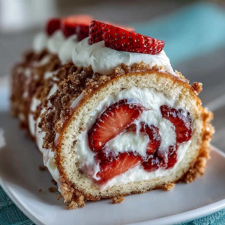 Freshly sliced Strawberry Shortcake Sushi Roll featuring golden crepes and vibrant strawberries on a white plate.