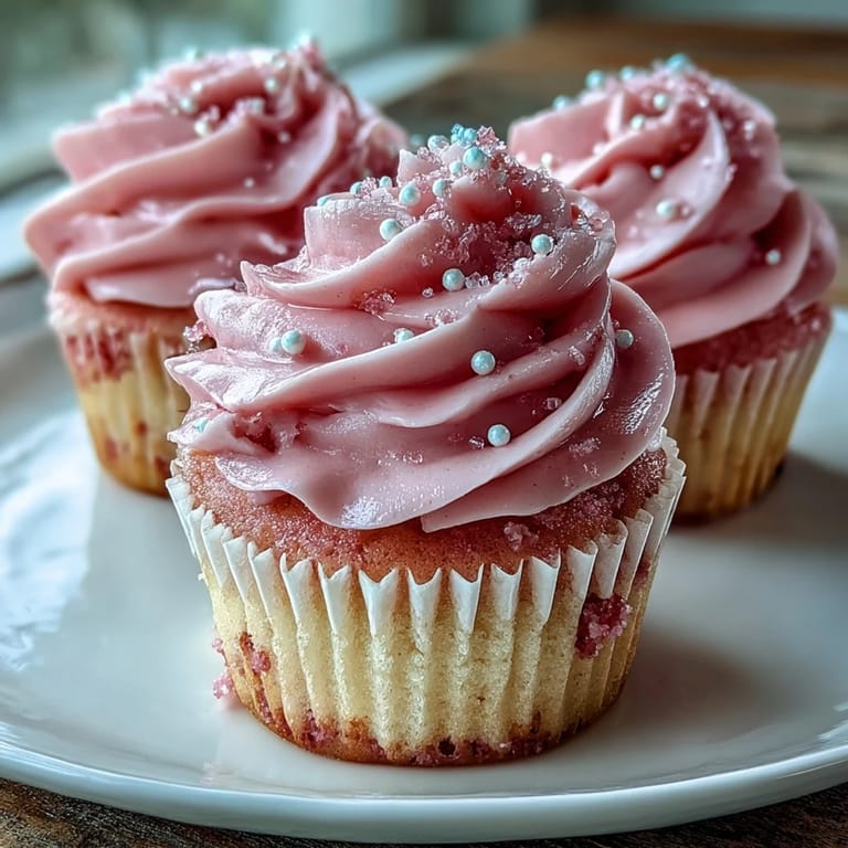 Glazed Pink Velvet Cupcakes with moist crumb and swirls of vanilla buttercream, ready to serve on a pastel dessert platter.
