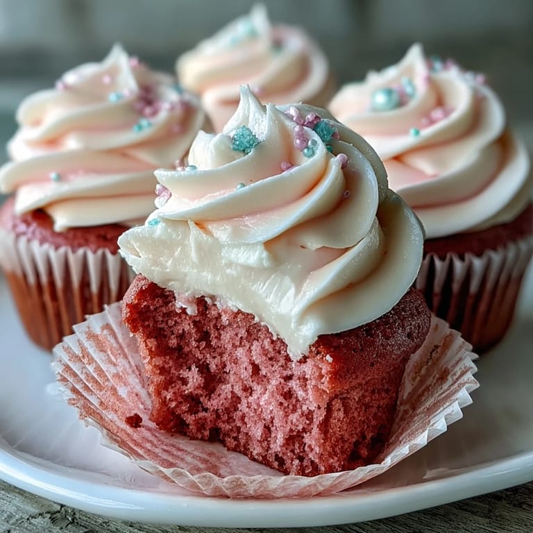 Close-up of a Pink Velvet Cupcake showing velvety texture, a dollop of vanilla buttercream, and a delicate blush-pink hue.