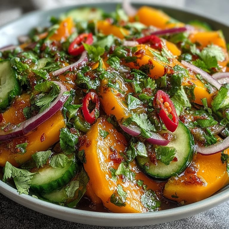 A bowl of Refreshing Mango Salad with red onion, cucumber, and fresh cilantro, perfect for a light lunch or dinner.