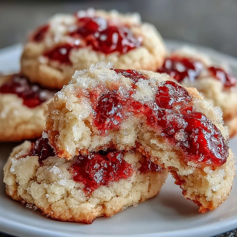 Soft Chewy Raspberry Sugar Cookies are served beside a glass of milk, highlighting their tender texture and sparkling raspberry-sugar coating.