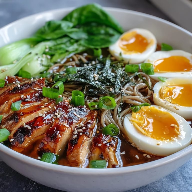 A close-up of Healthy Miso Chicken Noodle Bowls featuring bok choy, carrots, and a drizzle of chili oil.
